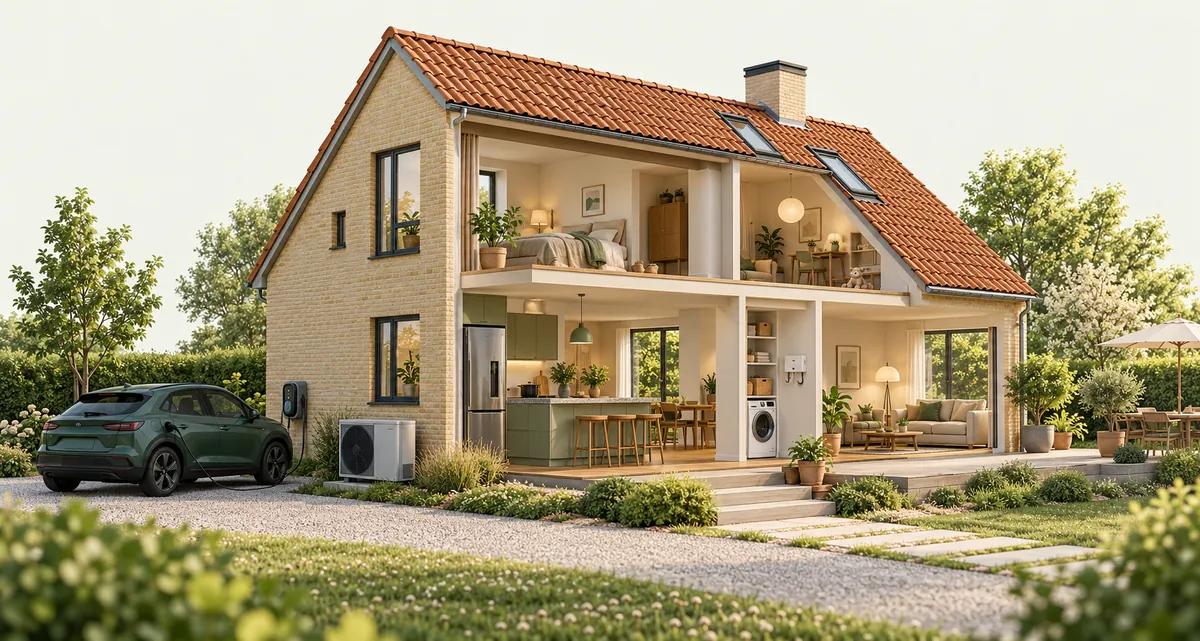 Illustration af et dansk hus med elbil ved ladestander, varmepumpe, køleskab, vaskemaskine og belysning.